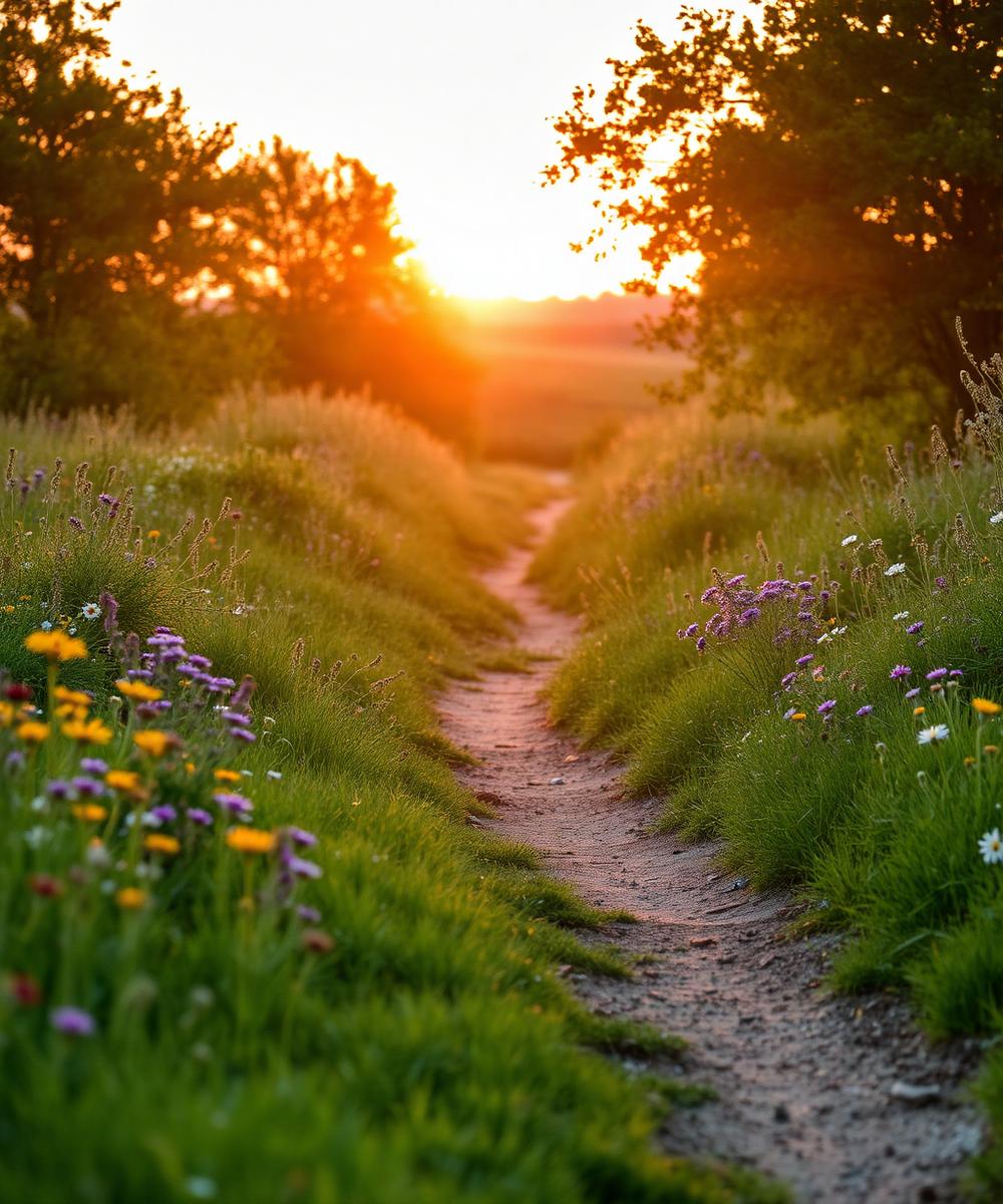 Wildflower path at sunset