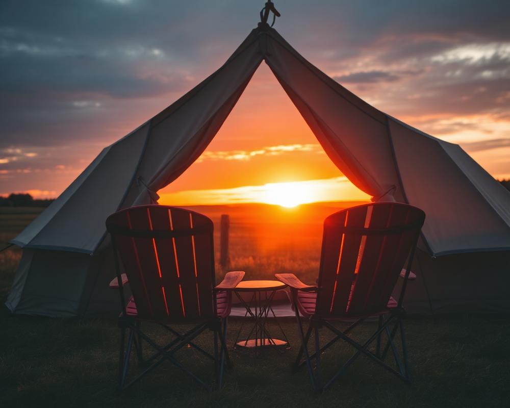 Two chairs by a tent at sunset