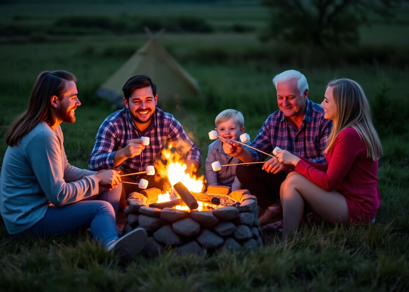 Family enjoying a campfire at Clover Hill Farm
